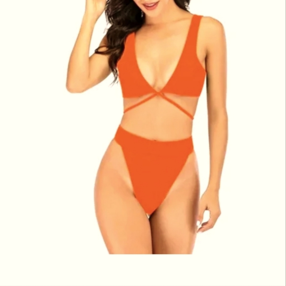 Sherry DC. Women's Bikini. Self Tie Cross Front Orange. Size Large. NWT.